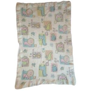 Vintage Handmade Crochet Baby Blanket Zoo Animals w/ Trim (60s?) 33" x 48"